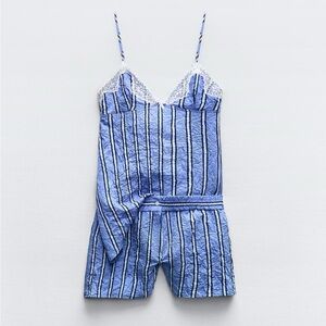Zara, NWT, Size M, wrinkle effect, blue striped jumpsuit / romper.